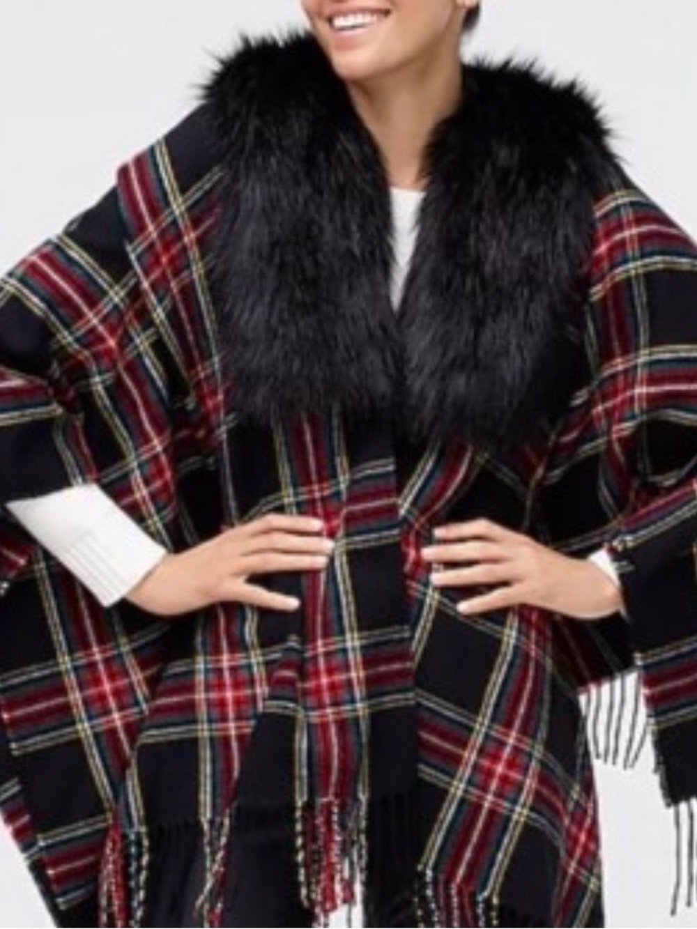 J. Crew Black Plaid Cape with Faux Fur Collar